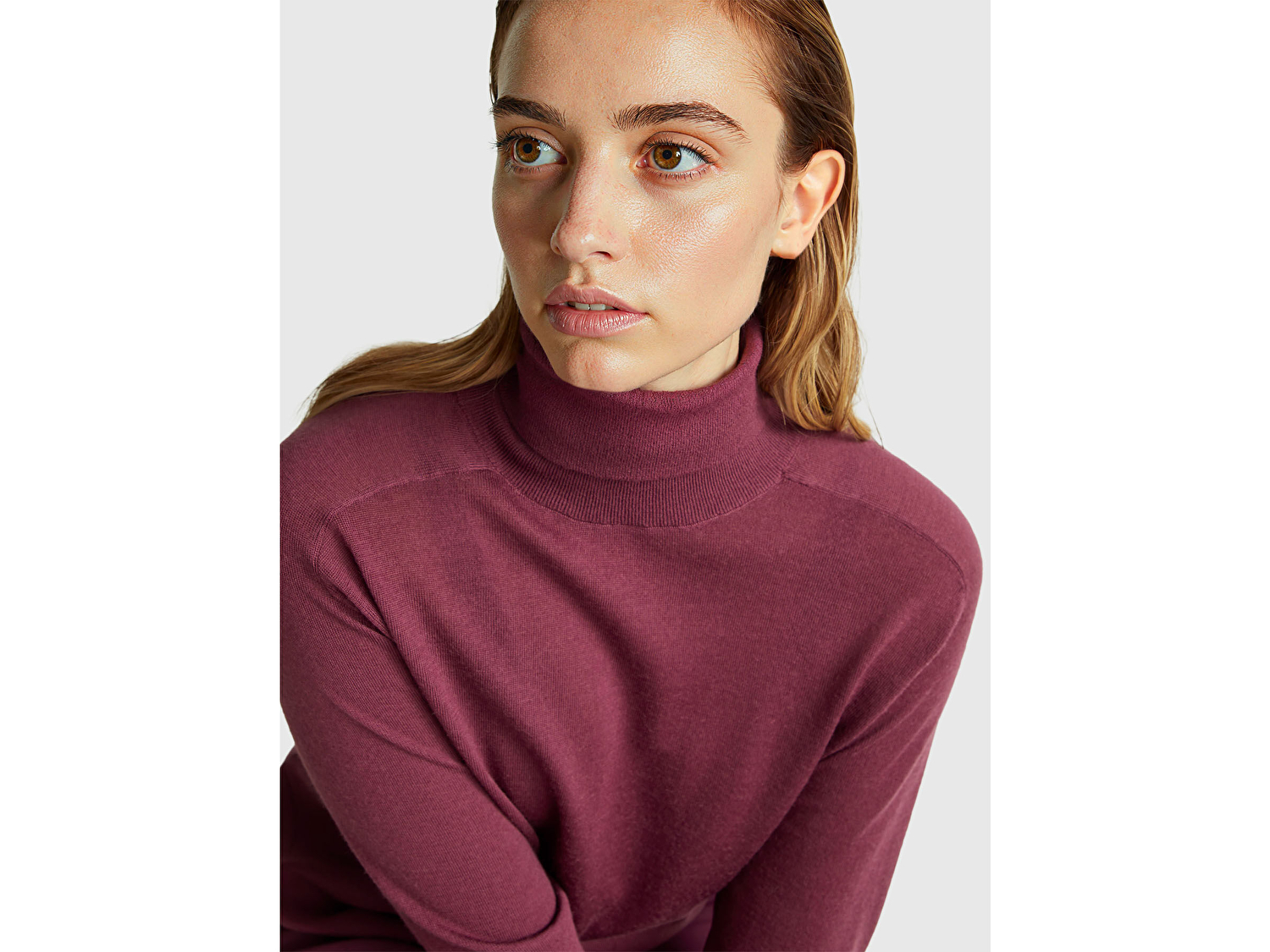 Benetton Kadın Mürdüm %100 Yün Ribana Detaylı Balıkçı Yaka Kazak