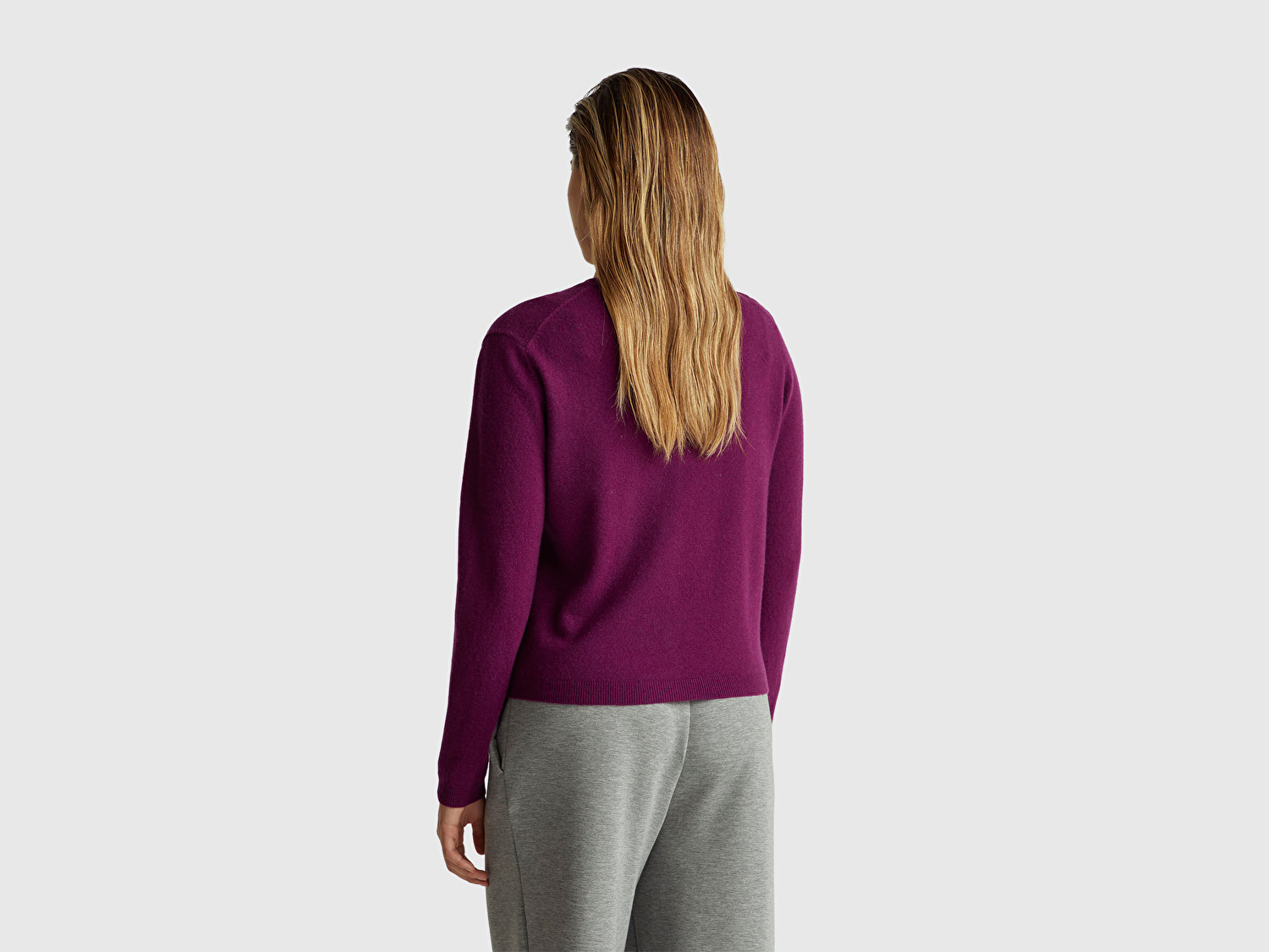 Benetton Kadın Mürdüm %100 Merino Bisiklet Yaka İnci Düğmeli  Hırka