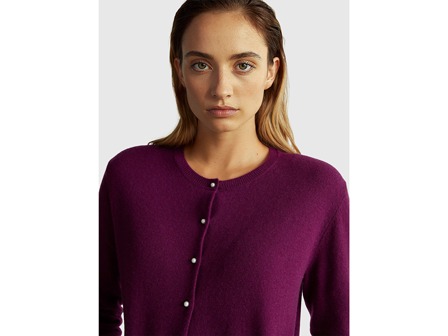 Benetton Kadın Mürdüm %100 Merino Bisiklet Yaka İnci Düğmeli  Hırka