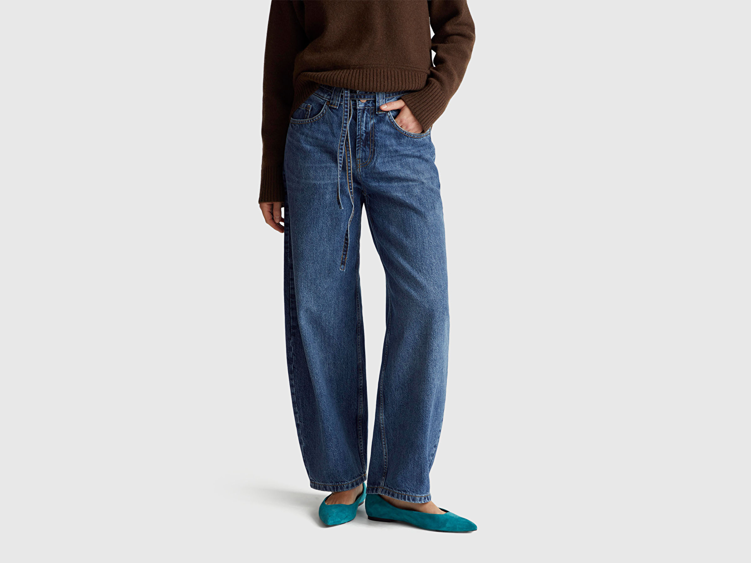 Kadın Koyu Kahverengi Yün Karışımlı Alt Kısmı Geniş Bisiklet Yaka Kazak