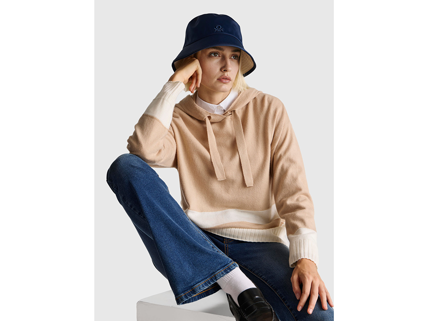 Benetton Kadın Bej Yün ve Kaşmir Karışımlı Kapüşonlu Kazak