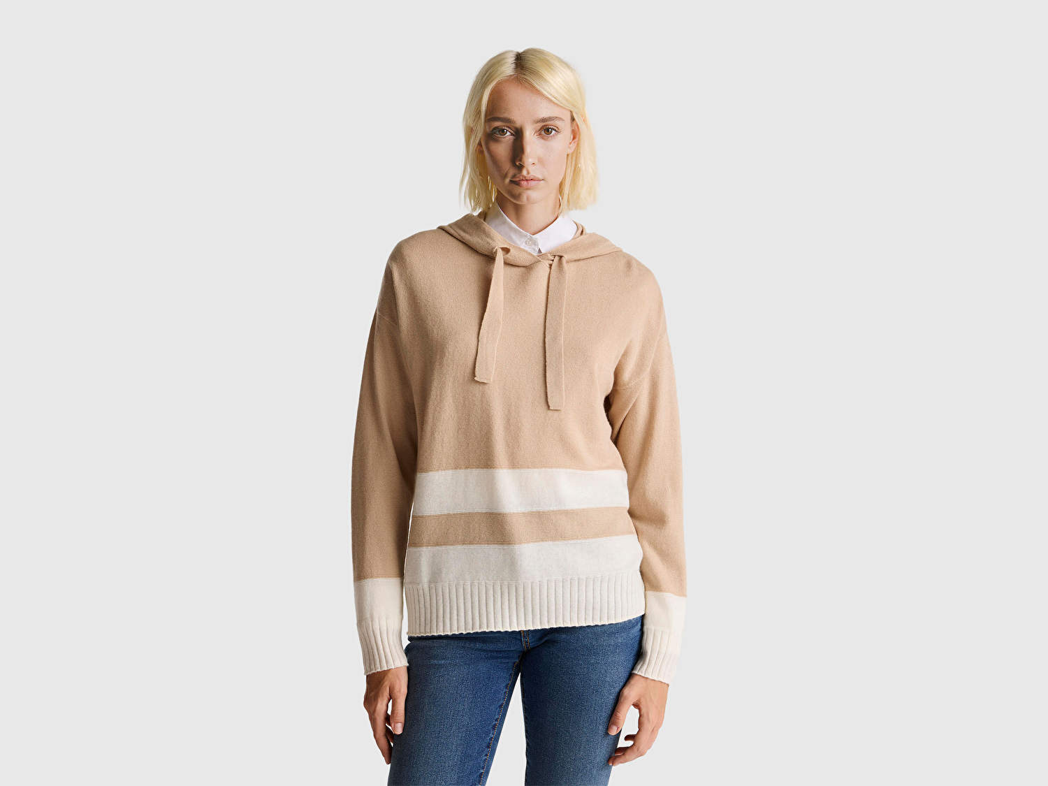 Benetton Kadın Bej Yün ve Kaşmir Karışımlı Kapüşonlu Kazak