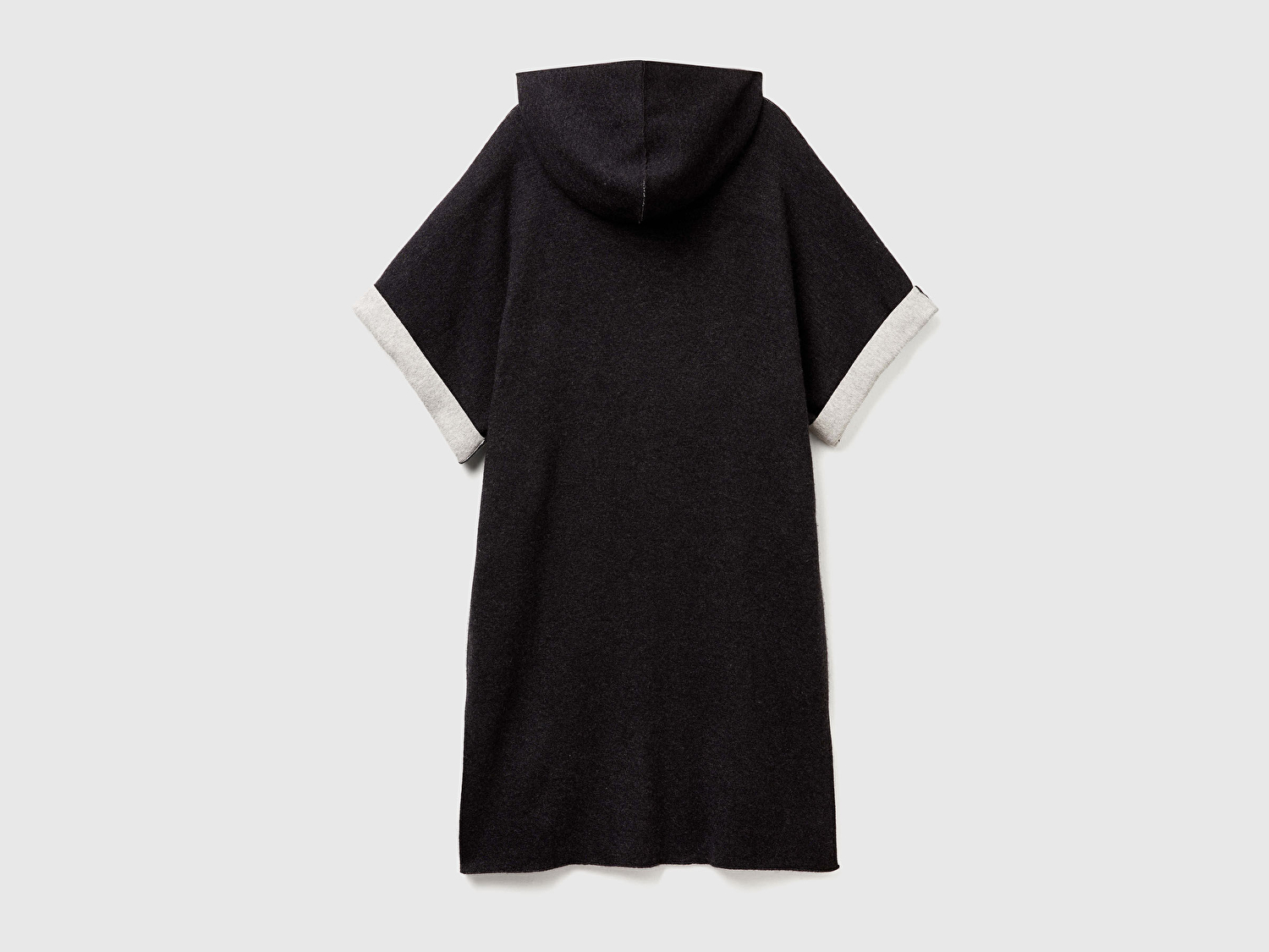 Benetton Kadın Siyah Pamuk ve Yün Karışımlı Çift Taraflı Kapüşonlu Kısa Kol Hırka