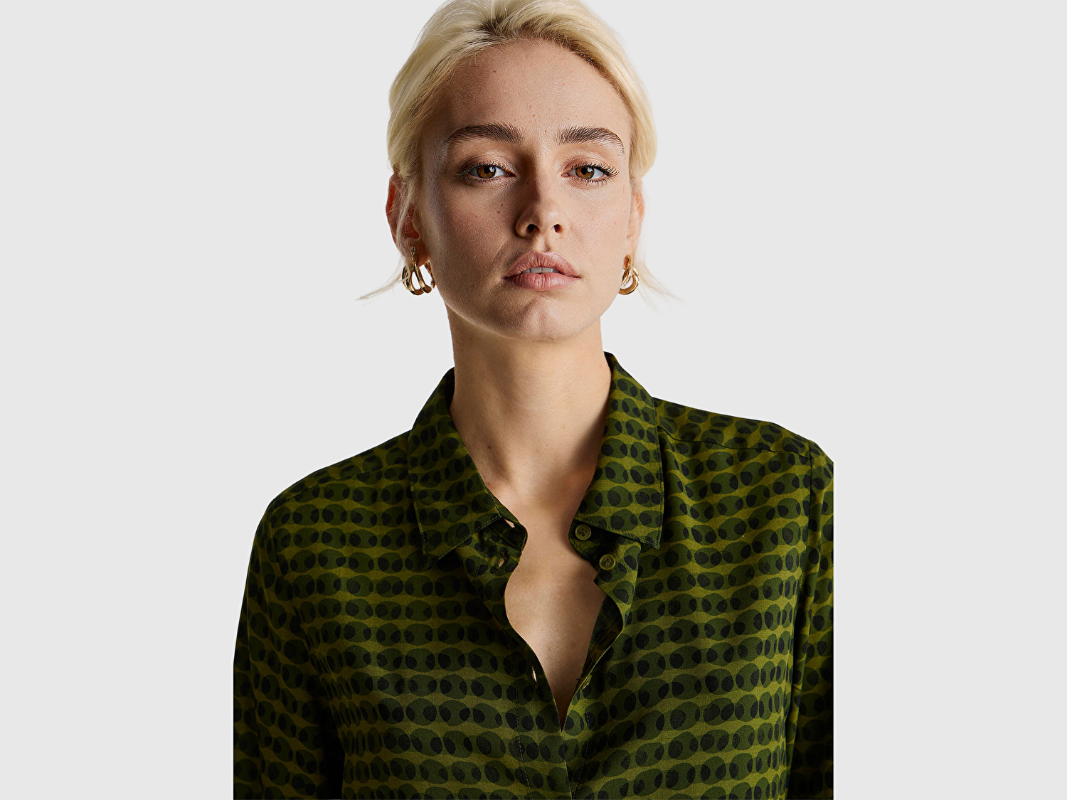 Benetton Kadın Koyu Yeşil %100 Viskoz Desenli Gömlek