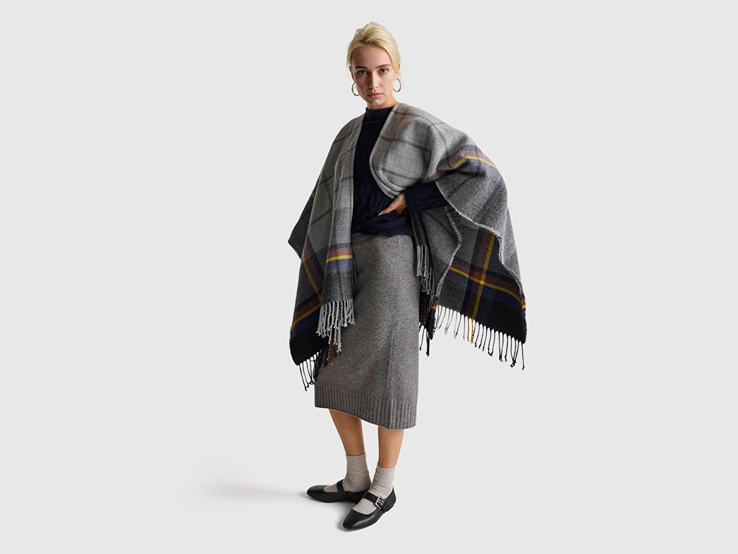 Benetton Kadın Antrasit Melanj Pamuk ve Yün Karışımlı Ribana Detaylı Bağcıklı Örme Etek