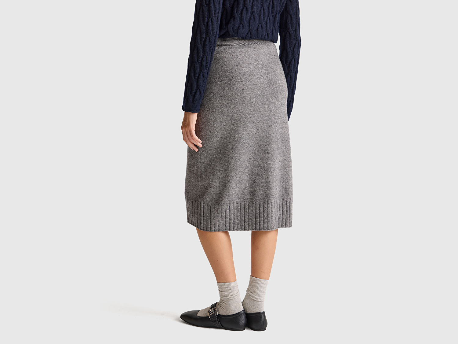 Benetton Kadın Antrasit Melanj Pamuk ve Yün Karışımlı Ribana Detaylı Bağcıklı Örme Etek