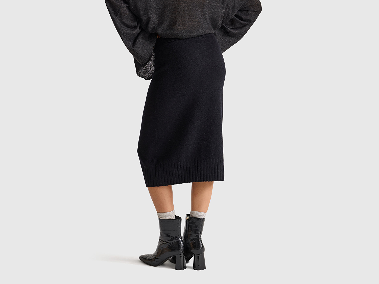 Benetton Kadın Sİyah Pamuk ve Yün Karışımlı Ribana Detaylı Bağcıklı Örme Etek