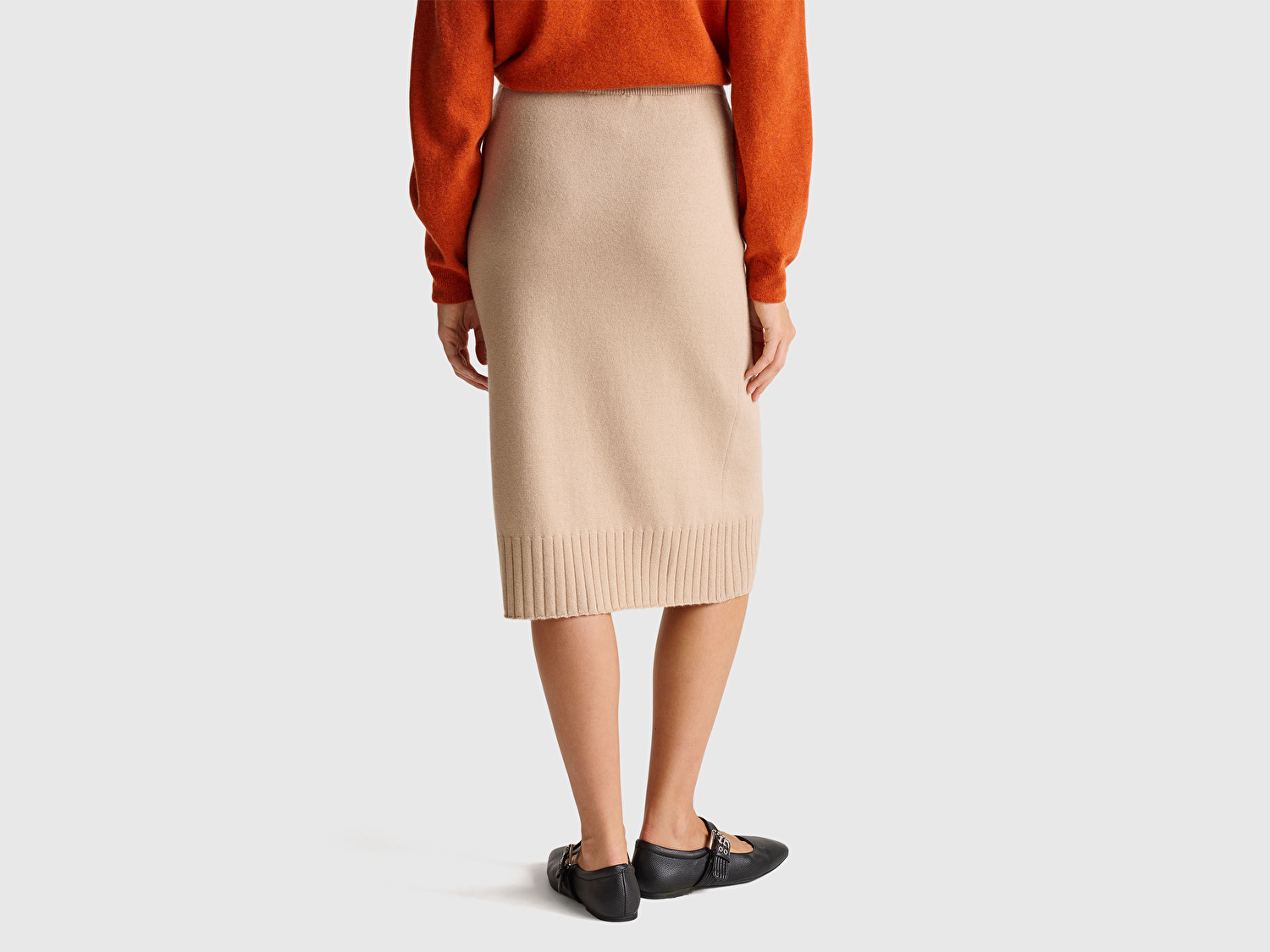 Benetton Kadın Bej Pamuk ve Yün Karışımlı Ribana Detaylı Bağcıklı Örme Etek