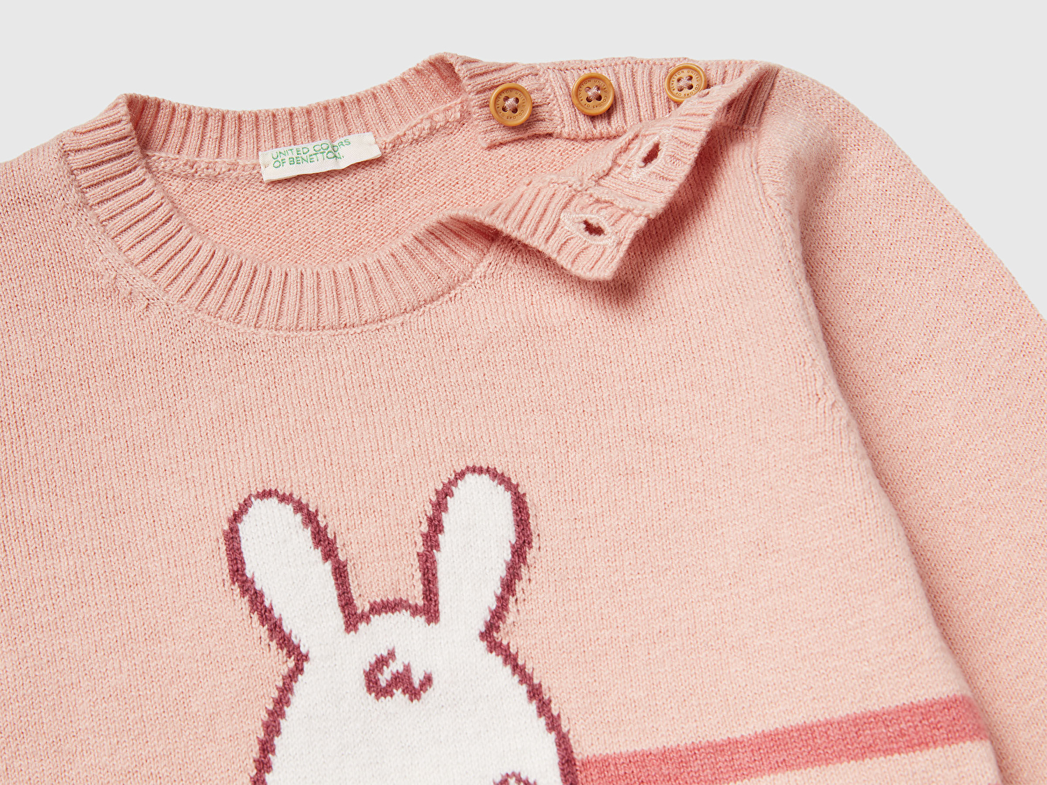 Benetton Bebek Toz Pembe Çizgili Tavşan İşlemeli Düğme Detaylı Bisiklet Yaka Kazak