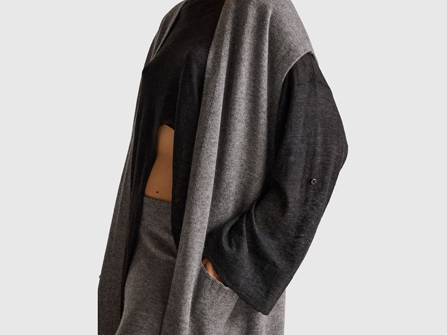 Benetton Kadın Antrasit Melanj Yün ve Kaşmir Karışımlı Ribana Detaylı Kısa Kollu Uzun Hırka