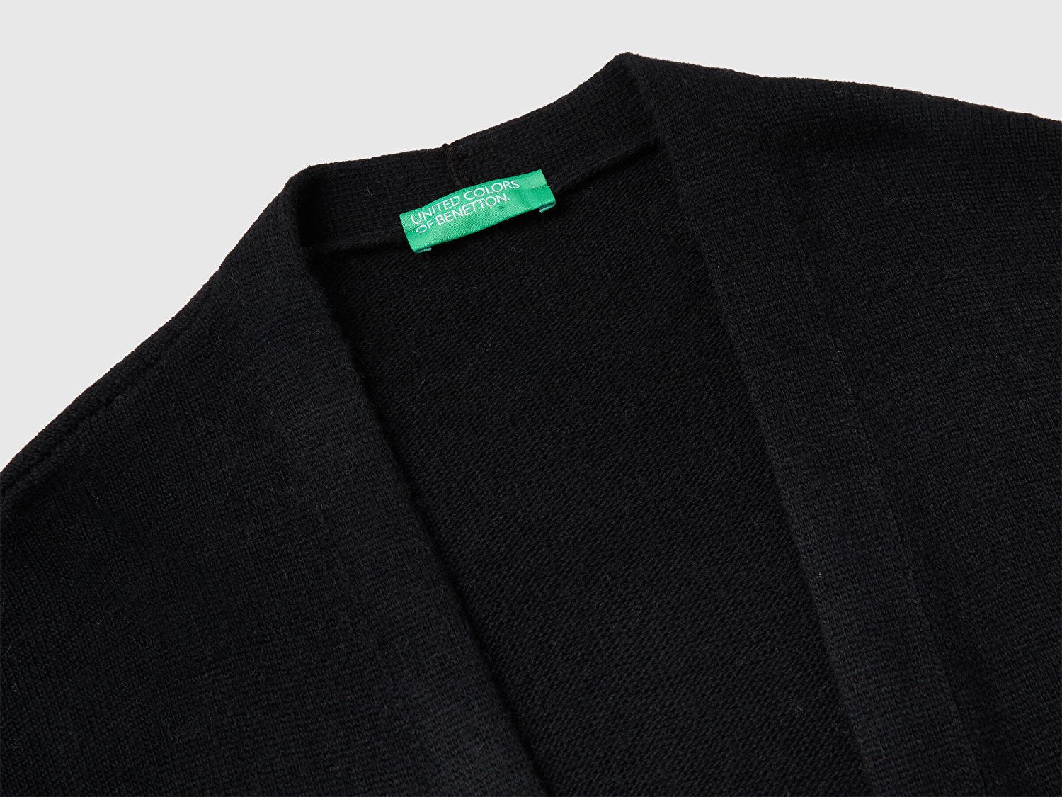 Benetton Kadın Sİyah Yün ve Kaşmir Karışımlı Ribana Detaylı Kısa Kollu Uzun Hırka