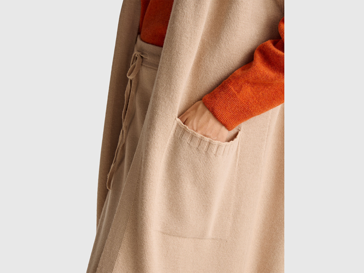 Benetton Kadın Bej Yün ve Kaşmir Karışımlı Ribana Detaylı Kısa Kollu Uzun Hırka