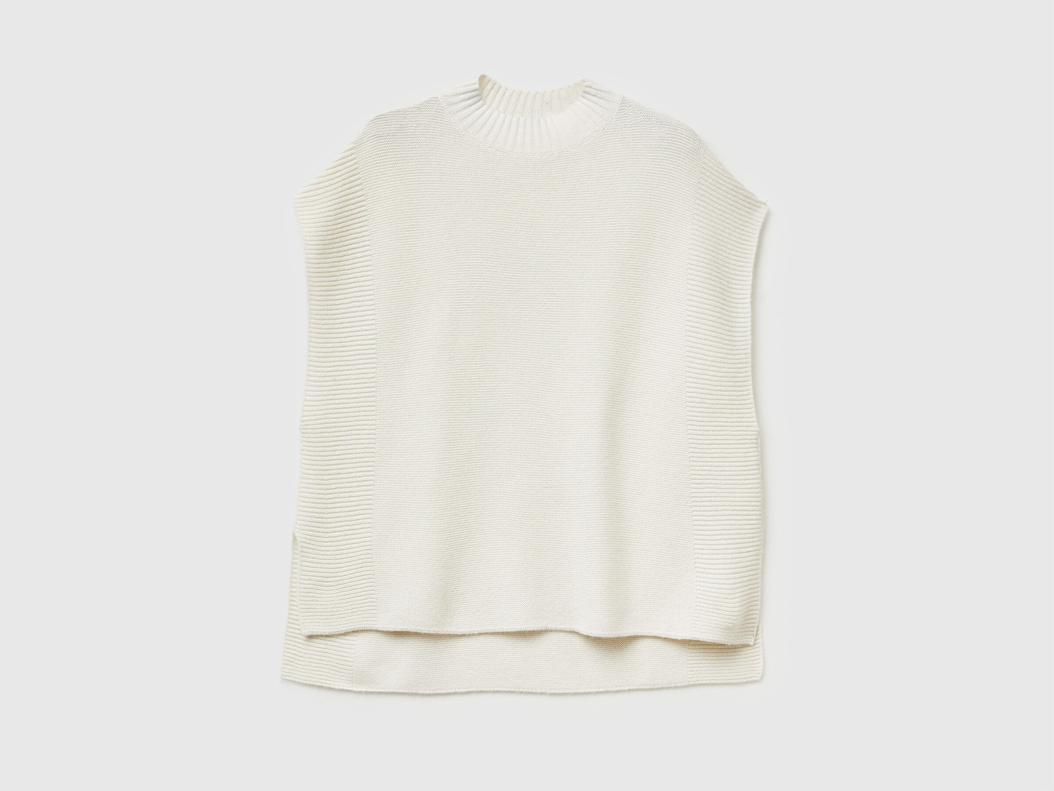 Benetton Kadın Krem Yün Karışımlı Ribana Detaylı Yırtmaçlı Kolsuz Kazak