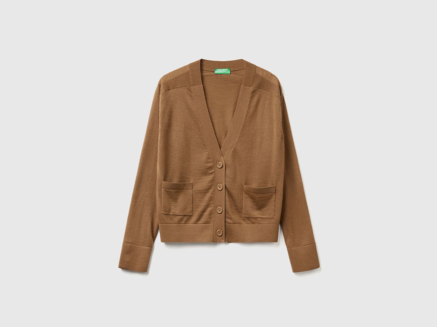 Benetton Kadın Taba  %100 Yün Önü Cep Detaylı Düğmeli V Yaka Hırka