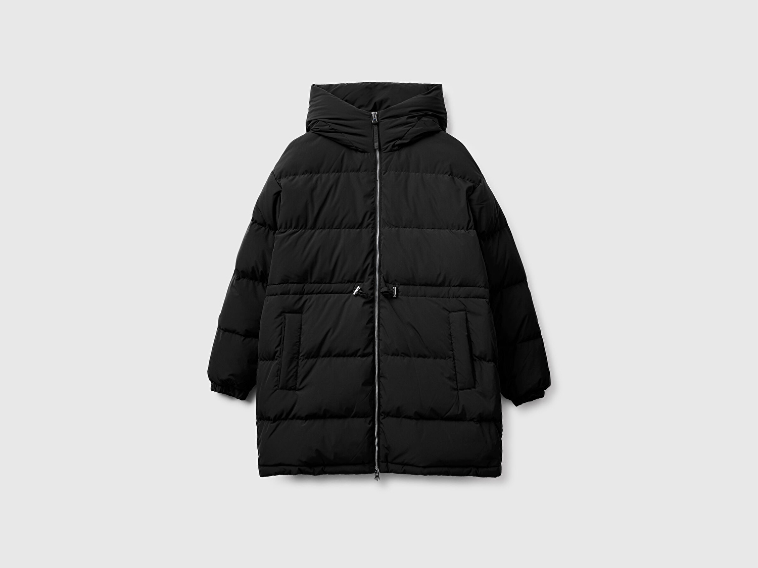 Benetton Kadın Siyah Kuş Tüyü Beli Bağcıklı Kapüşonlu Uzun Şişme Mont