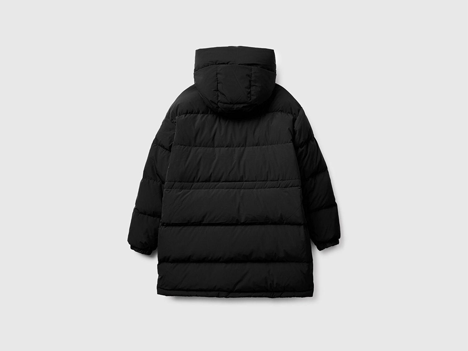 Benetton Kadın Siyah Kuş Tüyü Beli Bağcıklı Kapüşonlu Uzun Şişme Mont