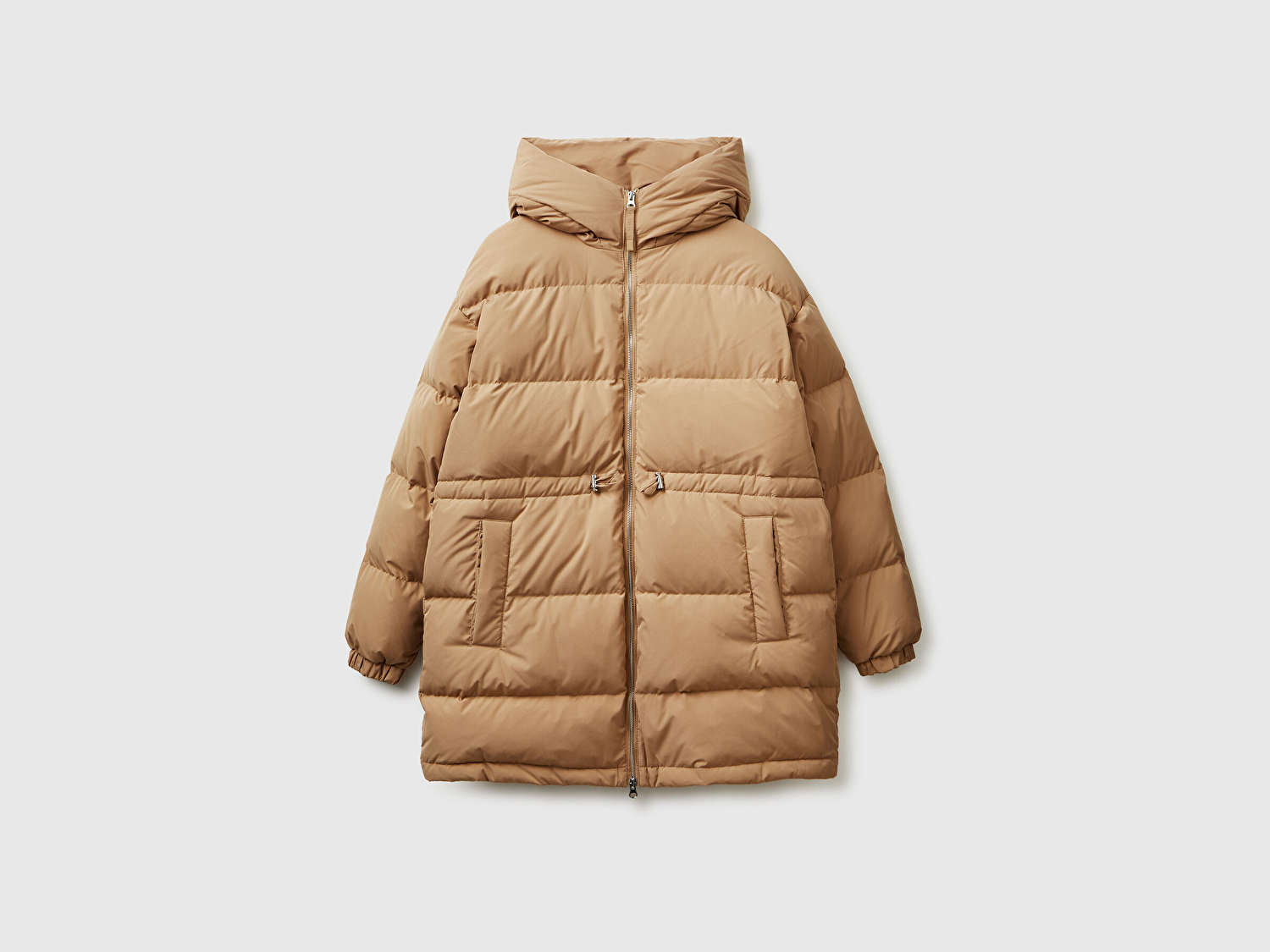 Benetton Kadın Açık Kahverengi Kuş Tüyü Beli Bağcıklı Kapüşonlu Uzun Şişme Mont