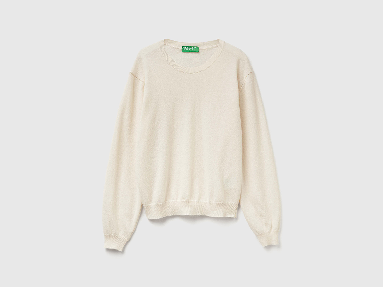 Benetton Kadın Krem %100 Merino Ribana Detaylı Bisiklet Yaka Kazak