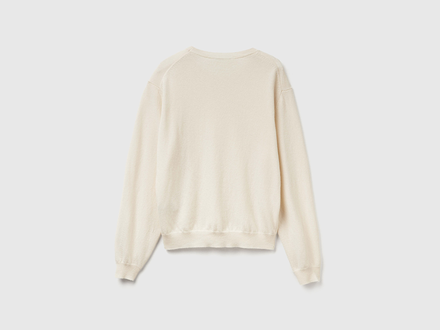 Benetton Kadın Krem %100 Merino Ribana Detaylı Bisiklet Yaka Kazak