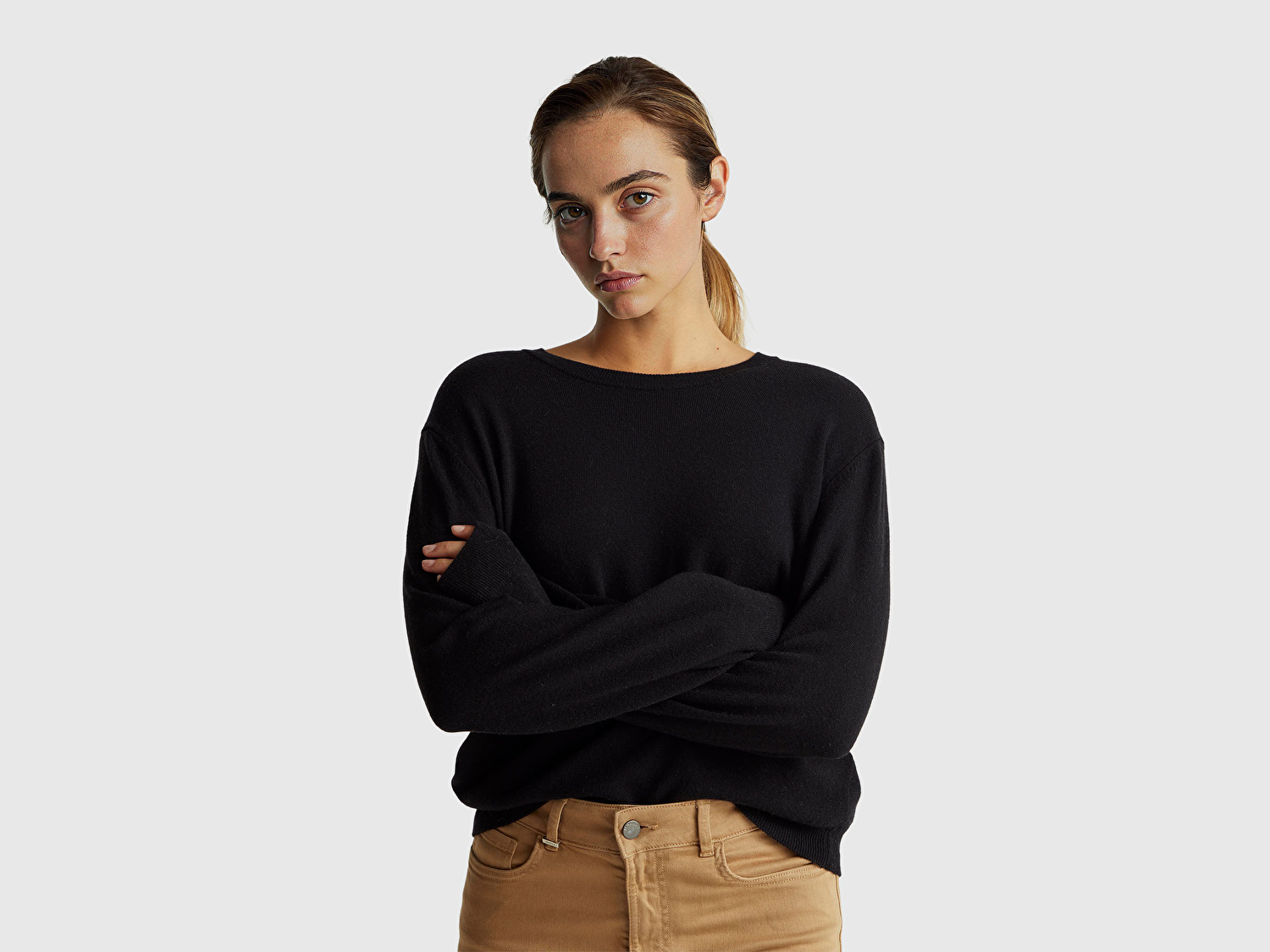 Benetton Kadın Siyah %100 Merino Ribana Detaylı Bisiklet Yaka Kazak