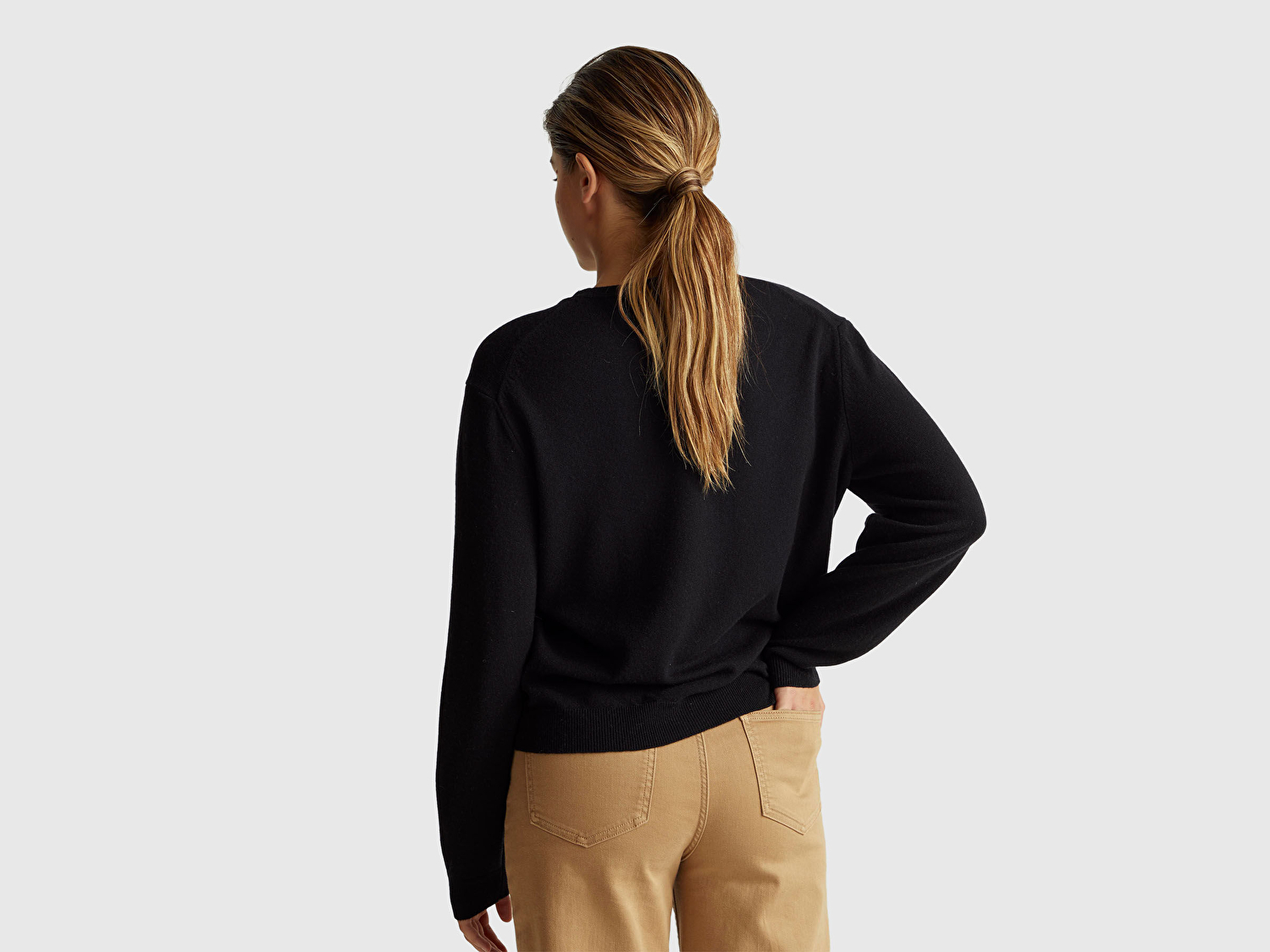 Benetton Kadın Siyah %100 Merino Ribana Detaylı Bisiklet Yaka Kazak