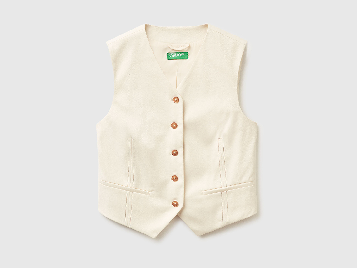 Benetton Kadın Ekru Viskoz ve Yün Karışımlı Düğmeli Yelek