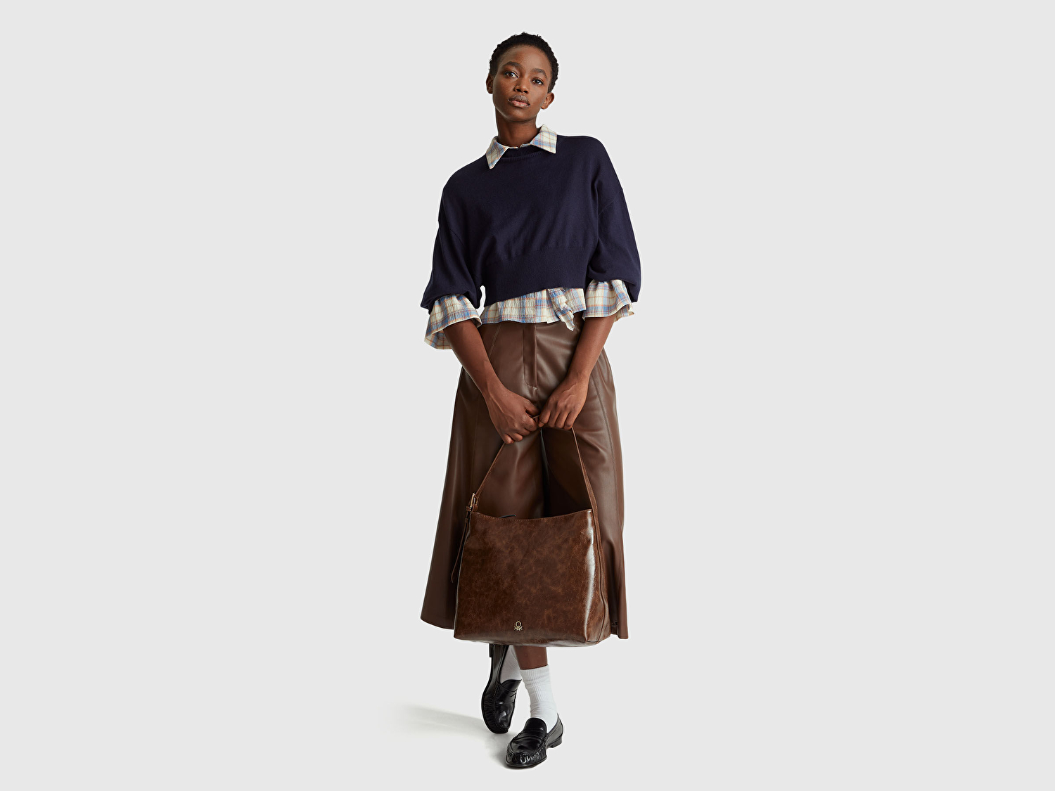 Benetton Kadın Pamuk Karışımlı Kareli Fırfır Detaylı Gömlek