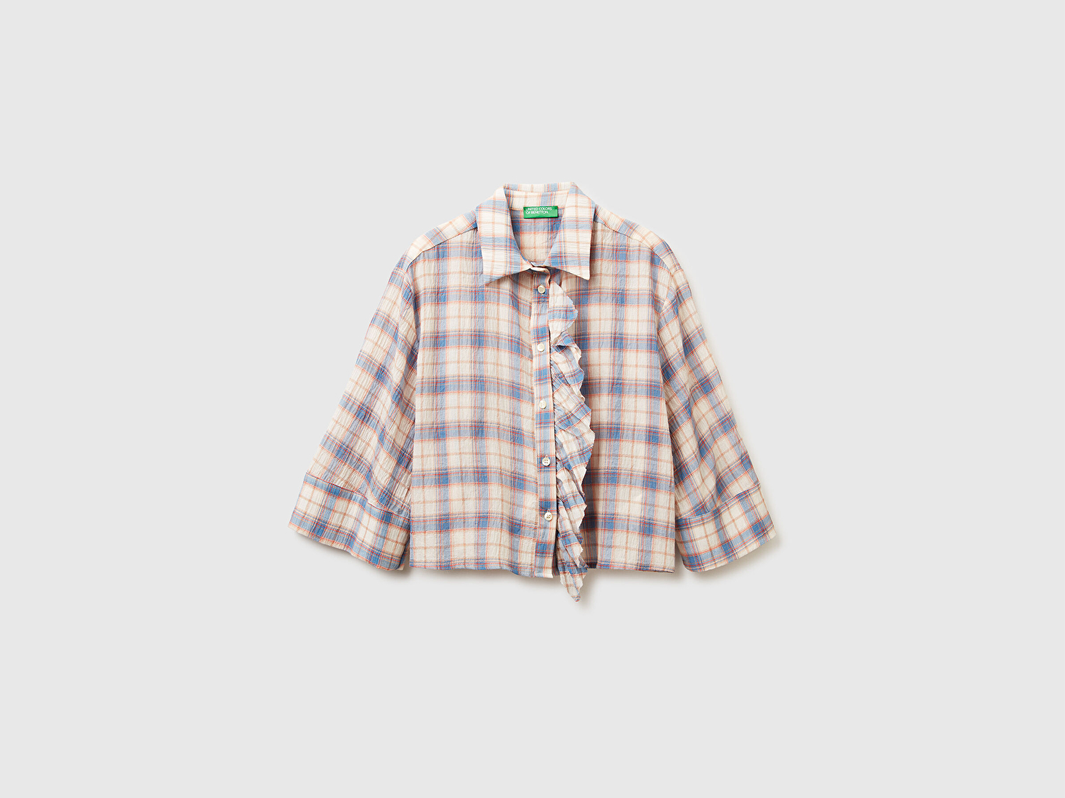 Benetton Kadın Pamuk Karışımlı Kareli Fırfır Detaylı Gömlek