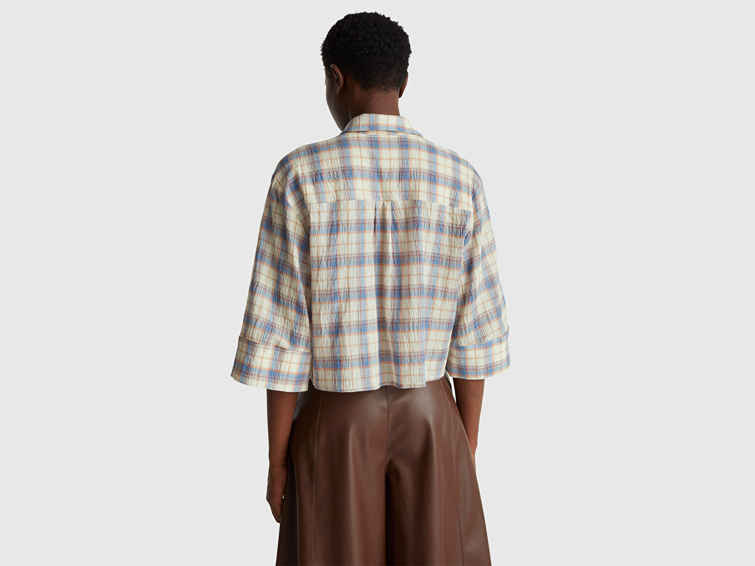 Benetton Kadın Pamuk Karışımlı Kareli Fırfır Detaylı Gömlek