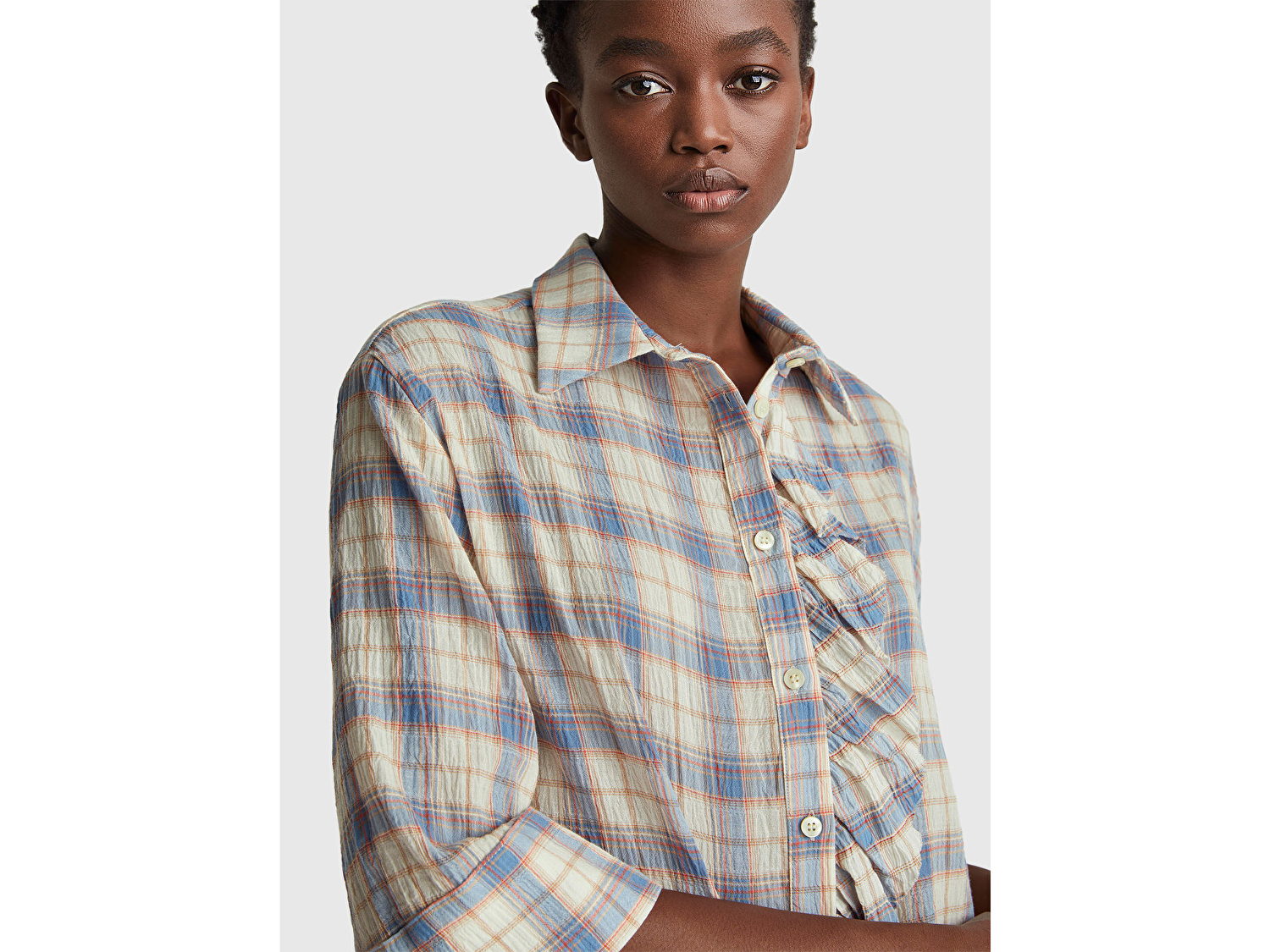 Benetton Kadın Pamuk Karışımlı Kareli Fırfır Detaylı Gömlek