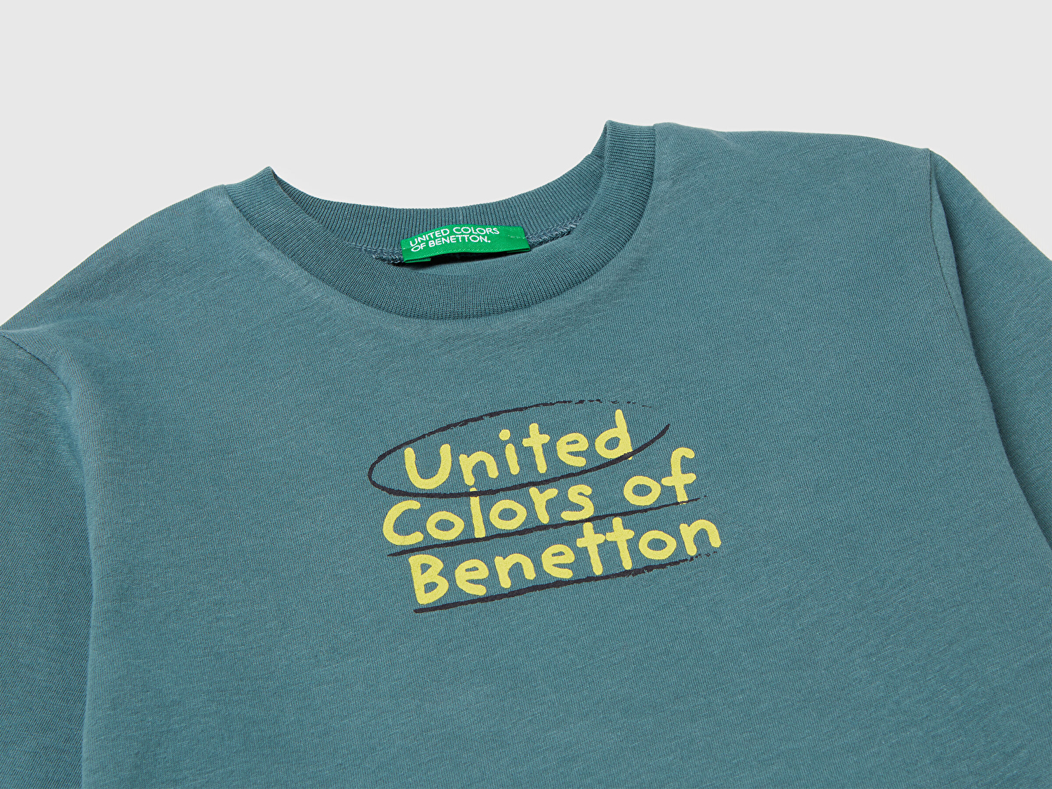 Benetton Erkek Bebek Gri-Yeşil Önü Logo Baskılı Jarse Uzun Kollu T-shirt