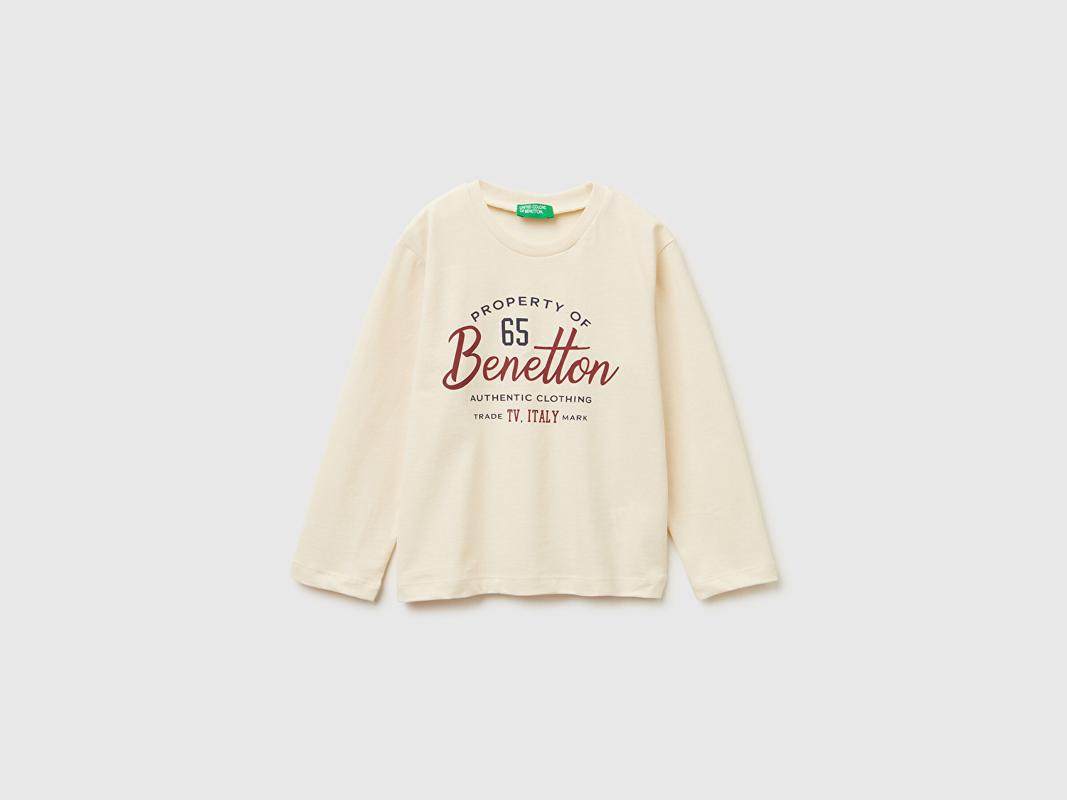 Benetton Erkek Bebek Krem Önü Logo Baskılı Jarse Uzun Kollu T-shirt