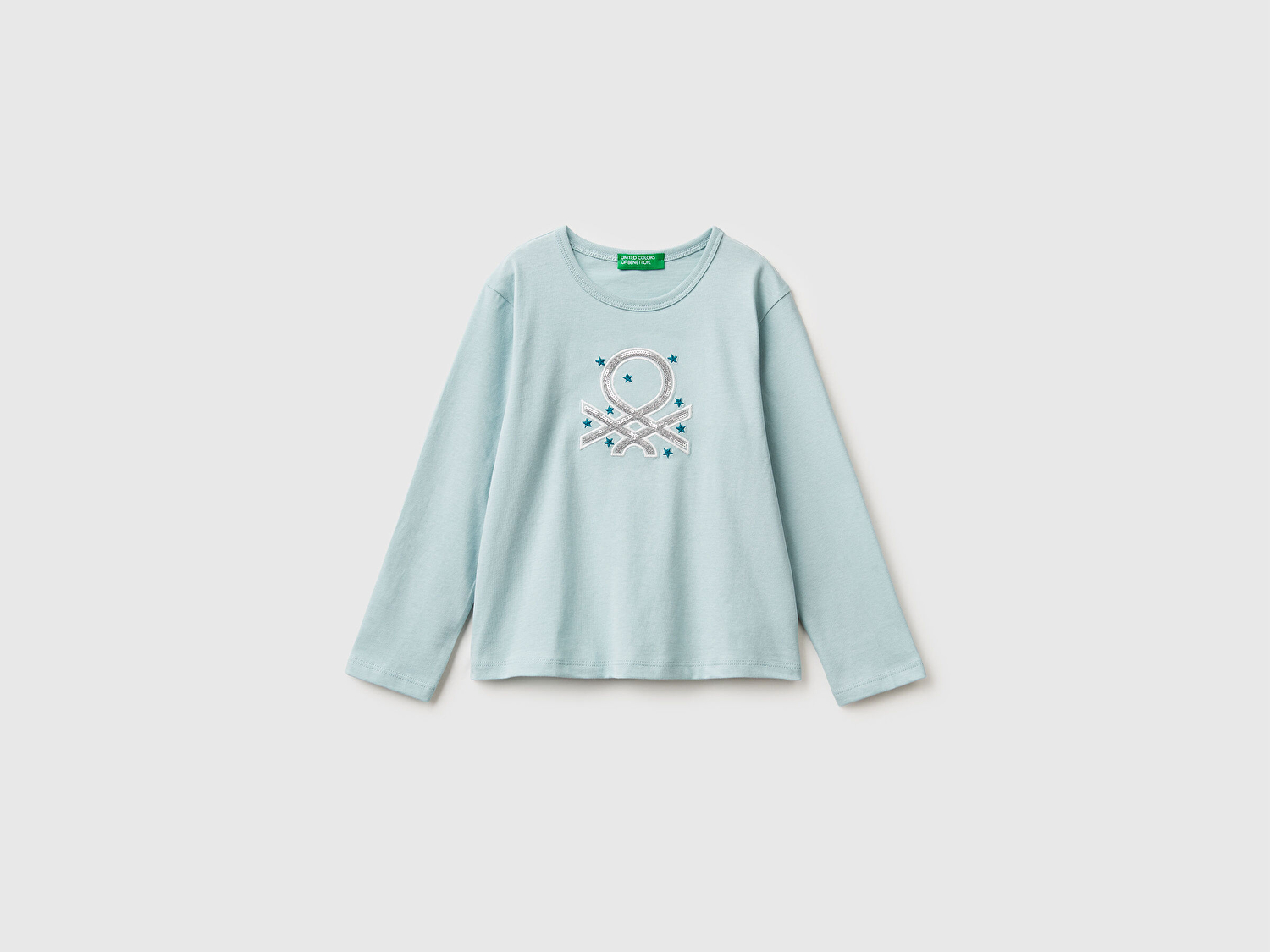 Benetton Kız Bebek Su Yeşili Baskılı Payetli Regular Fit Uzun Kollu T-shirt