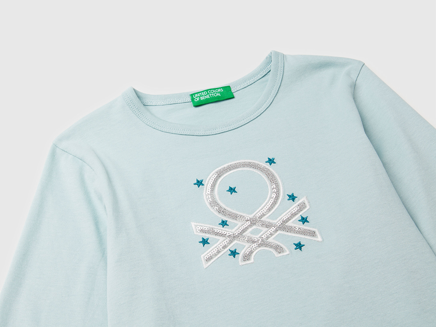 Benetton Kız Bebek Su Yeşili Baskılı Payetli Regular Fit Uzun Kollu T-shirt