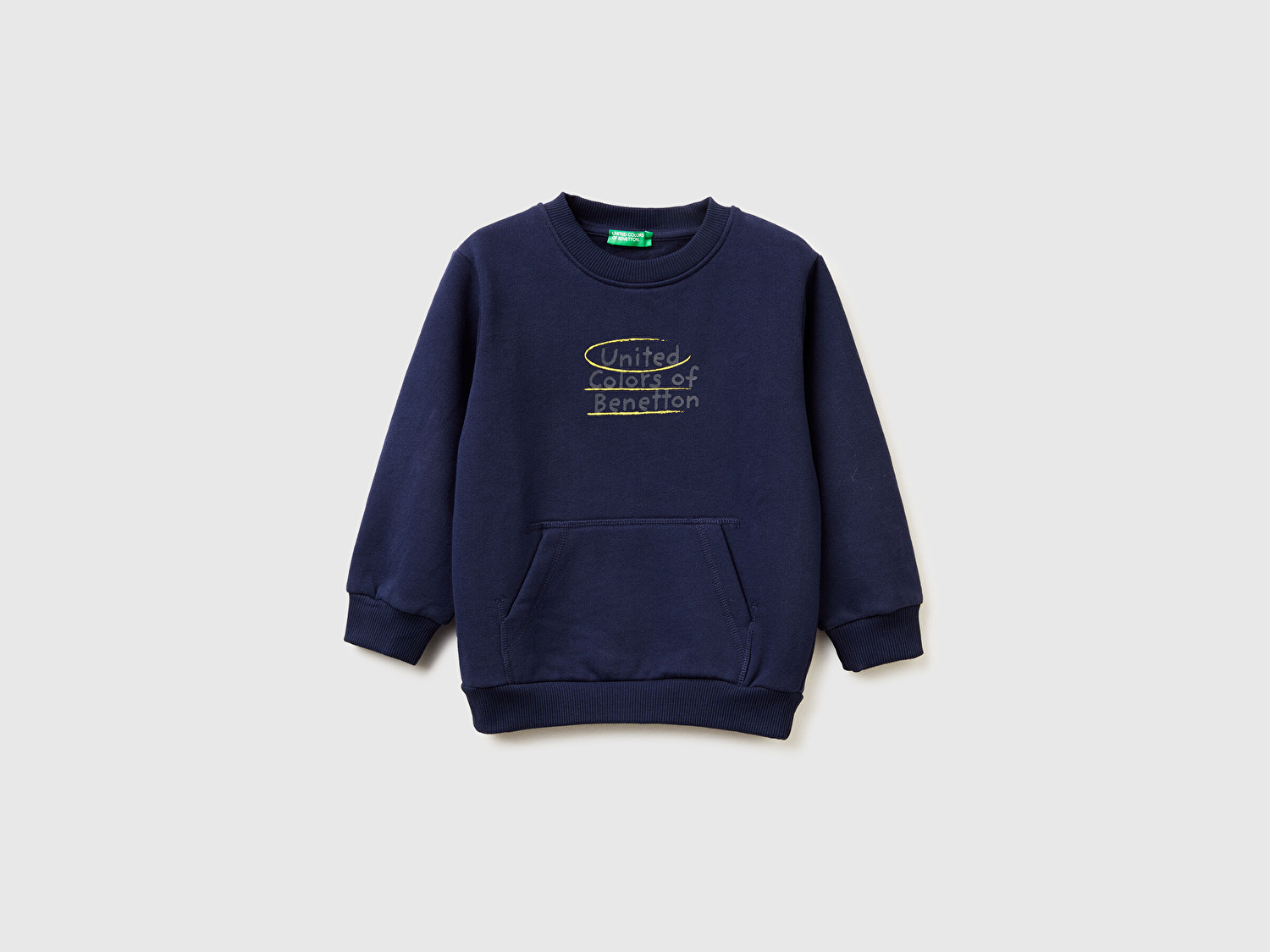 Benetton Erkek Bebek Lacivert Önü Logo Baskılı Cepli Bisiklet Yaka Regular Fit Sweatshirt