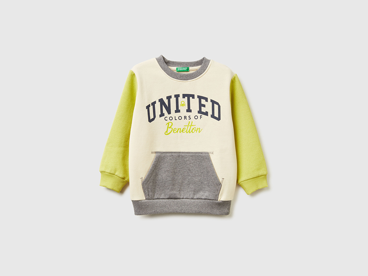 Benetton Erkek Bebek Hardal-Ekru Önü Logo Baskılı Cepli Bisiklet Yaka Regular Fit Sweatshirt