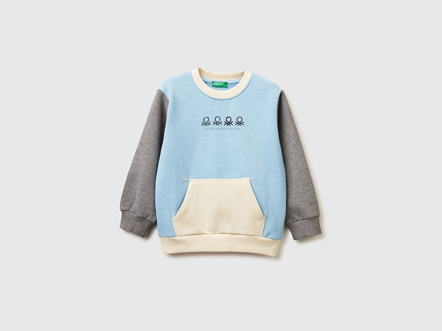 Benetton Erkek Bebek Mavi-Krem Önü Logo Baskılı Cepli Bisiklet Yaka Regular Fit Sweatshirt