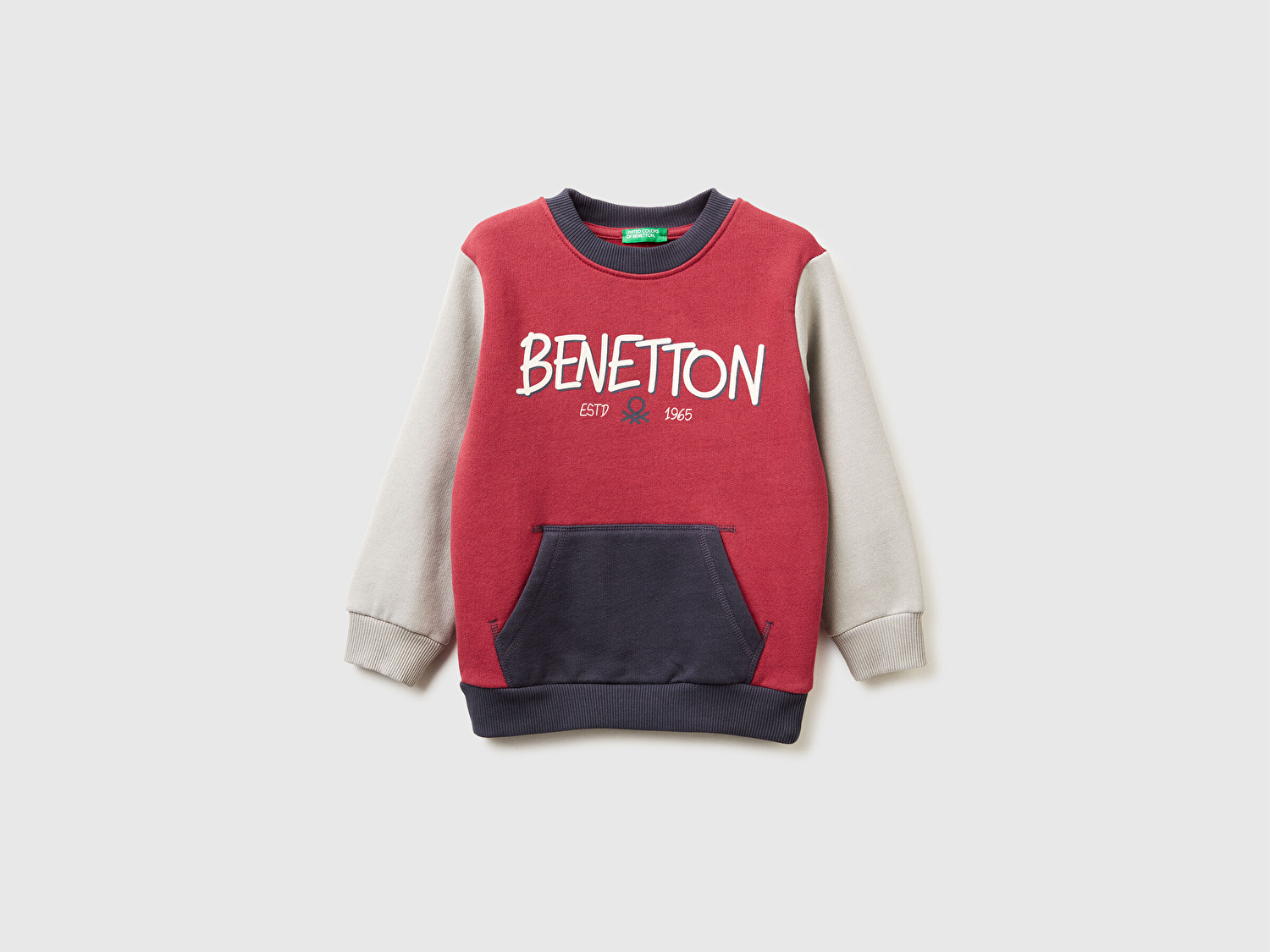 Benetton Erkek Bebek Bordo-Gri Önü Logo Baskılı Cepli Bisiklet Yaka Regular Fit Sweatshirt