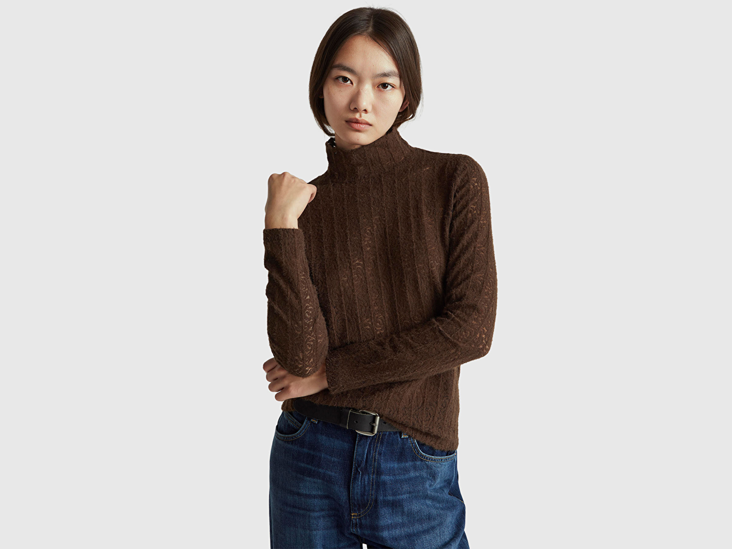 Benetton Kadın Koyu Kahverengi Desenli Dik Yaka Bluz