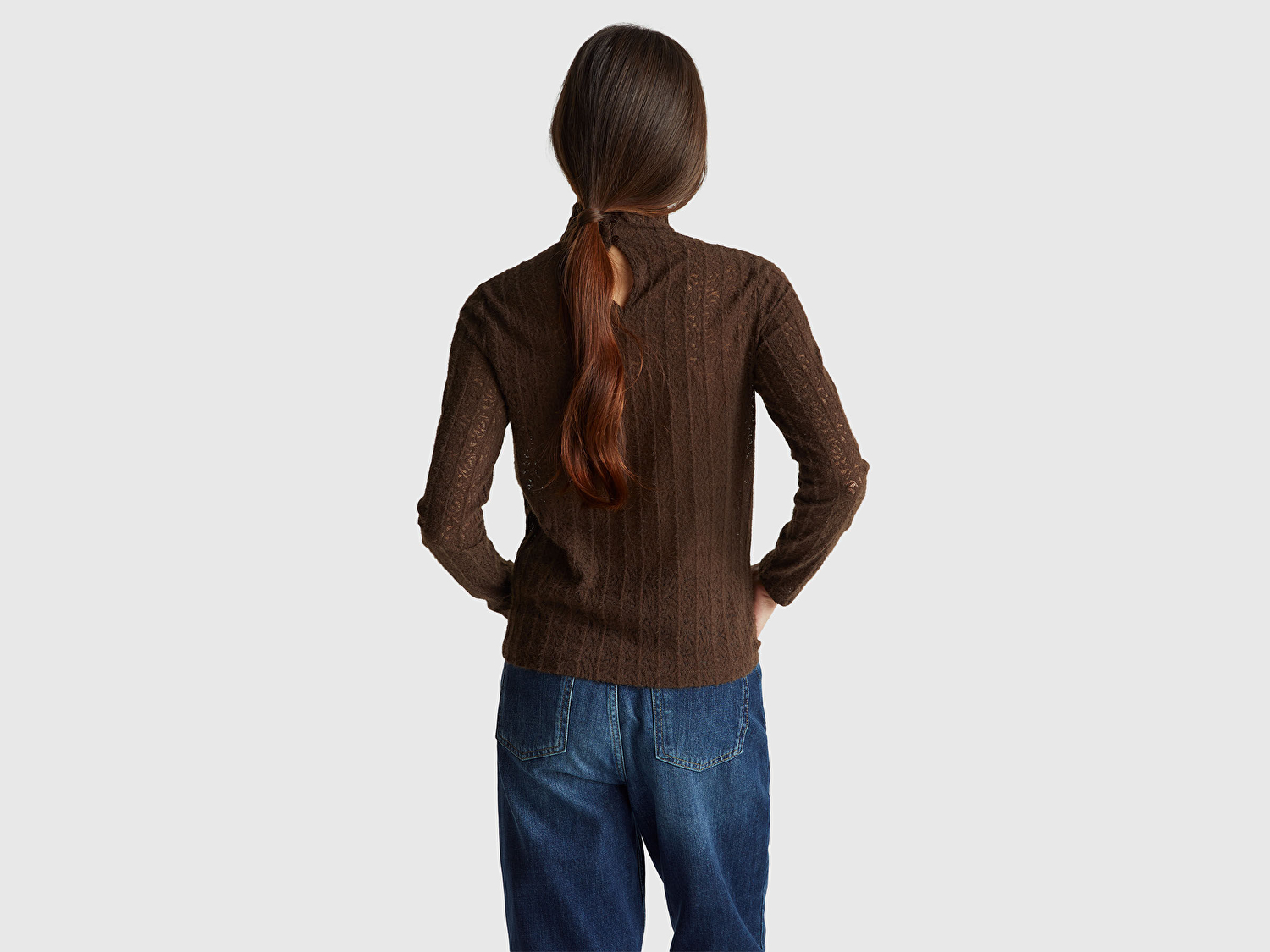 Benetton Kadın Koyu Kahverengi Desenli Dik Yaka Bluz