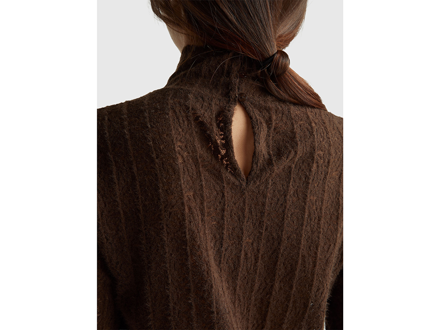 Benetton Kadın Koyu Kahverengi Desenli Dik Yaka Bluz