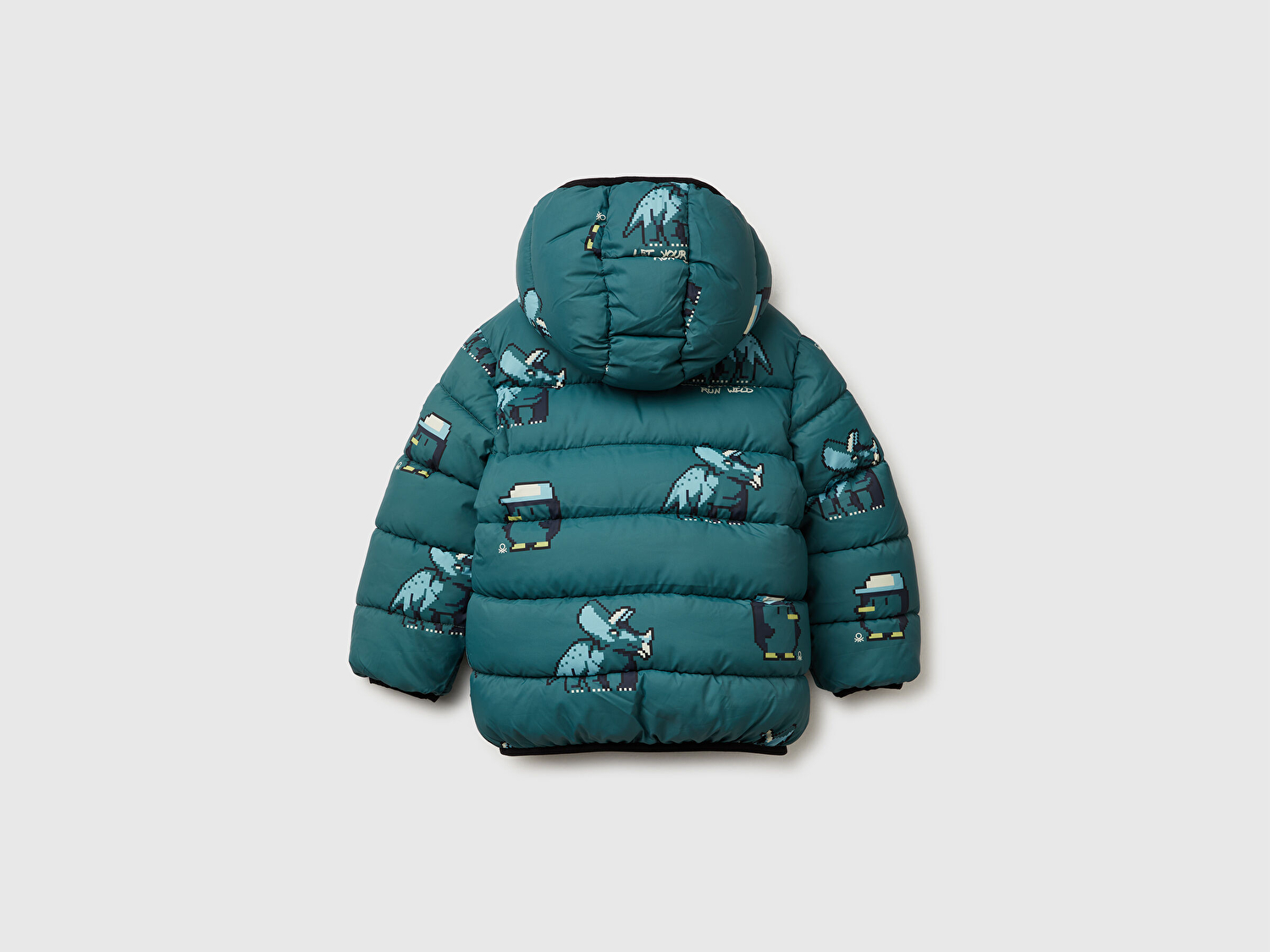 Benetton Erkek Bebek Koyu Yeşil Tamamı Baskılı Logo İşlemeli Kapüşonlu Eco Kaz Tüyü Mont