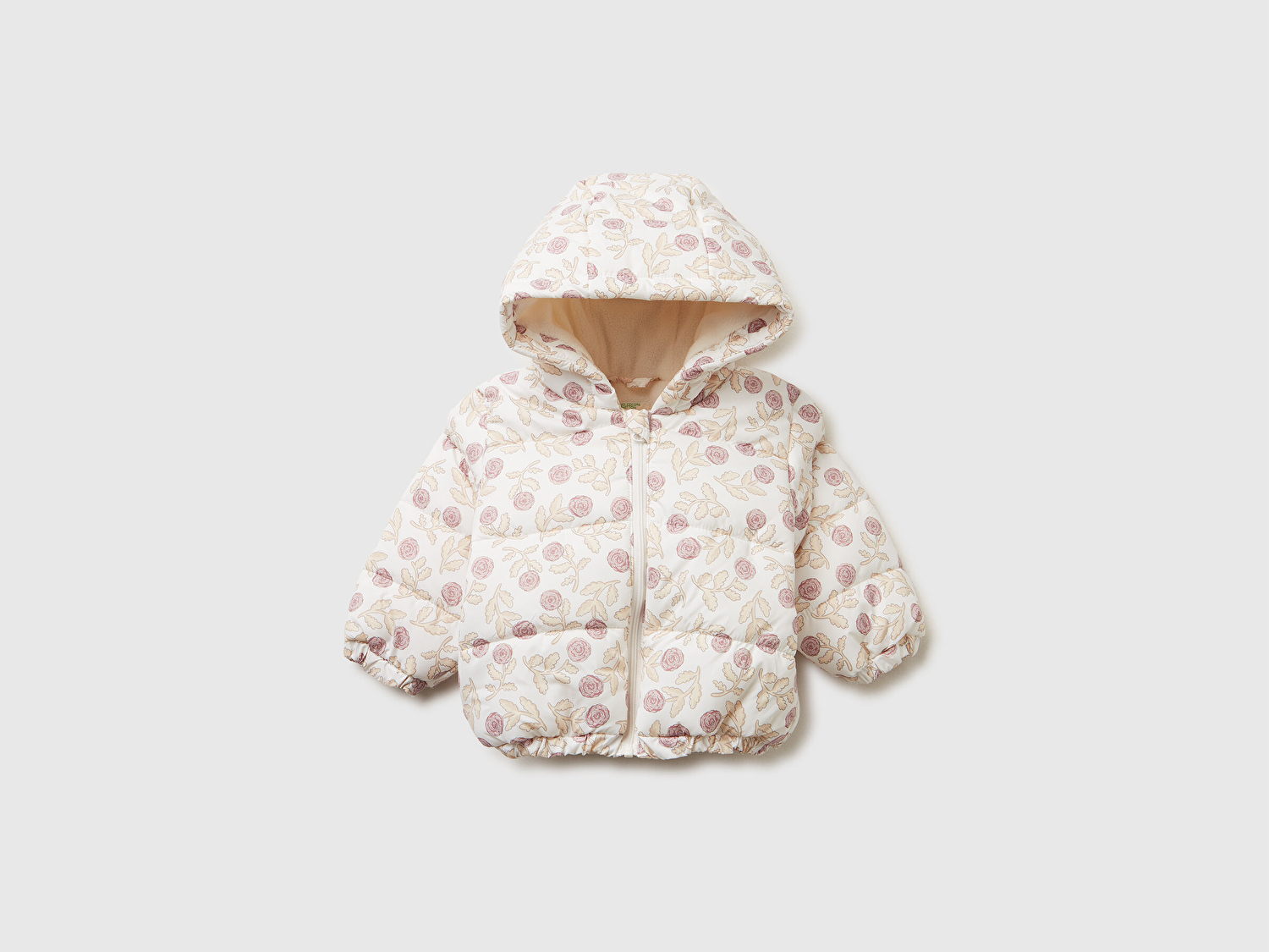 Benetton Bebek Ekru Tamamı Kare Desenli  Astarlı Fermuarlı Kapüşonlu Mont