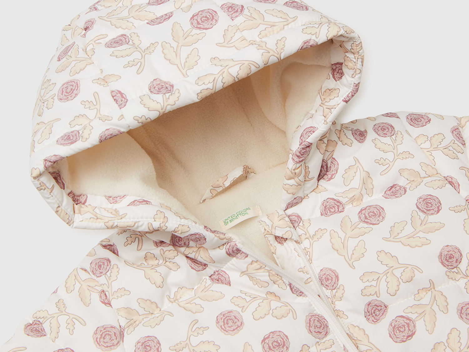 Benetton Bebek Ekru Tamamı Kare Desenli  Astarlı Fermuarlı Kapüşonlu Mont