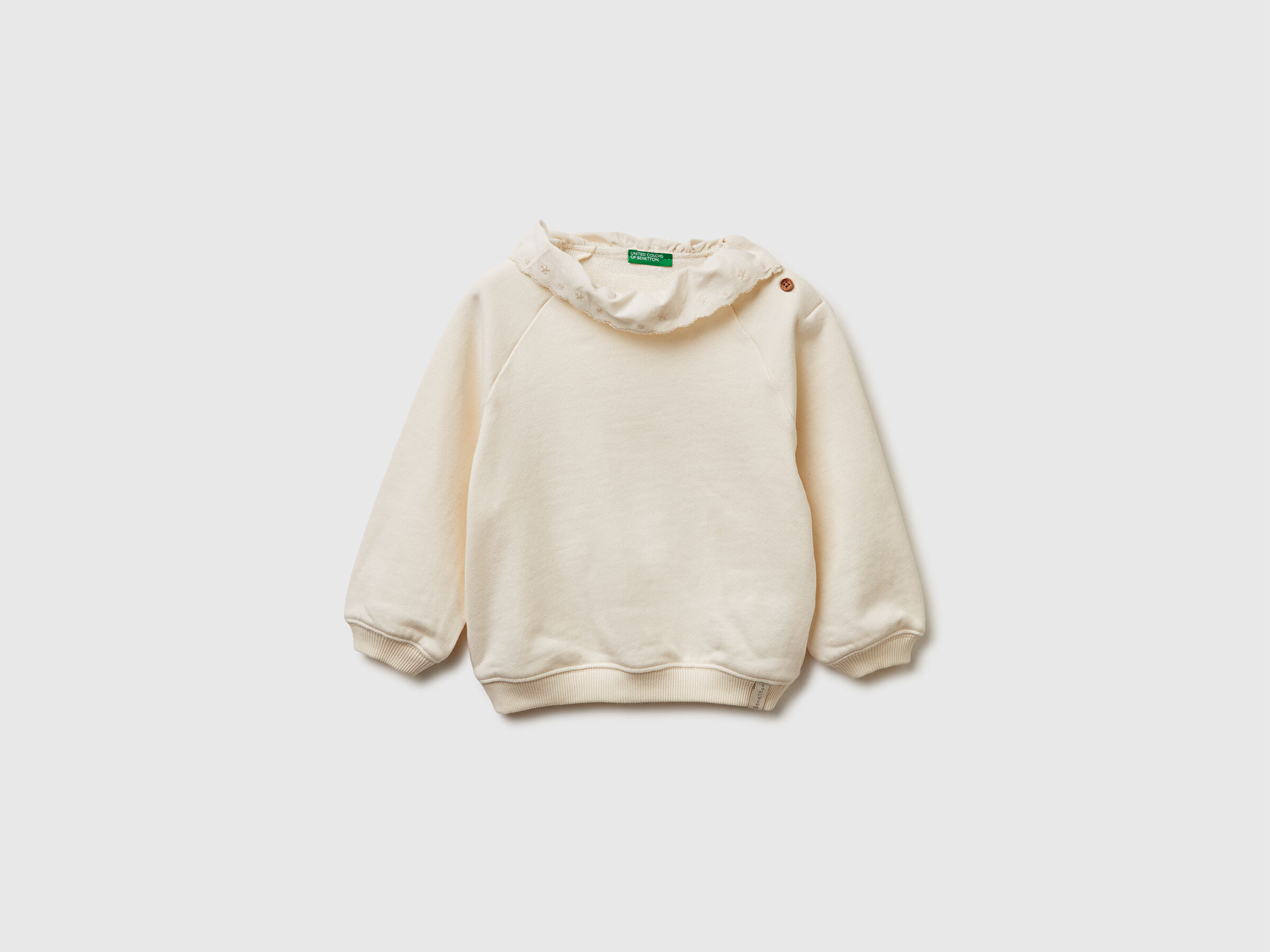 Benetton Kız Bebek Ekru Logo Etiketli İşlemeli Yakalı Reglan Kol Ribanalı Sweatshirt