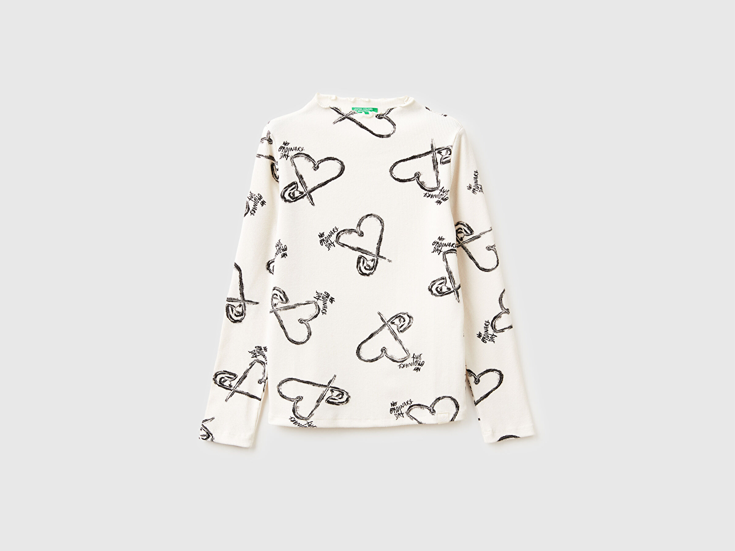 Benetton Kız Çocuk Ekru Tamamı Baskılı Logo Etiketli Bebe Yaka Uzun Kollu T-Shirt