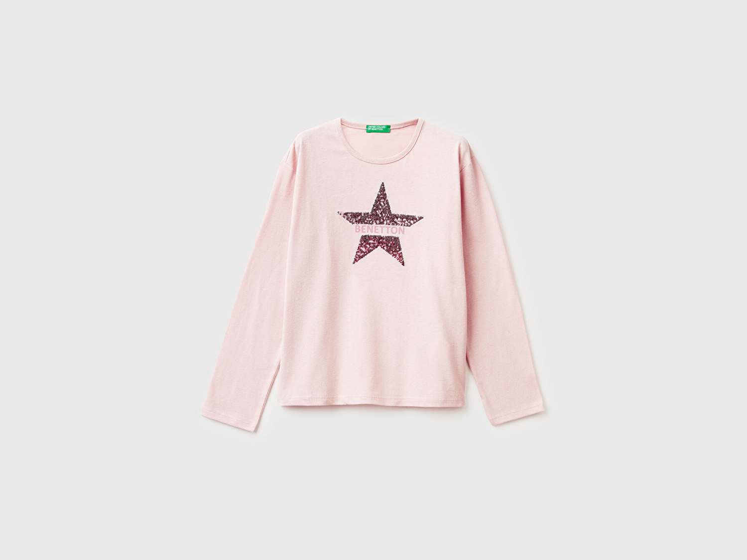 Benetton Kız Çocuk Toz Pembe Grafik Payet İşlemeli Regular Fit Uzun Kollu T-shirt