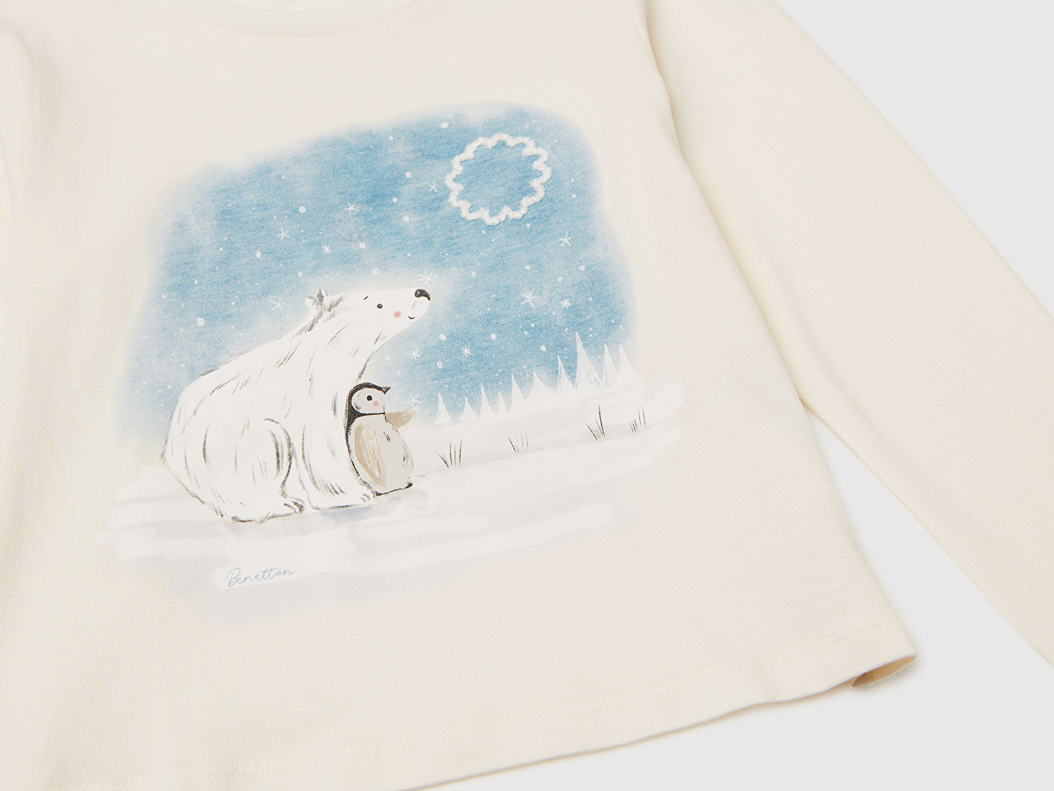 Benetton Kız Bebek Ekru Önü Baskılı Hafif Kloş Bisiklet Yaka Uzun Kollu T-shirt