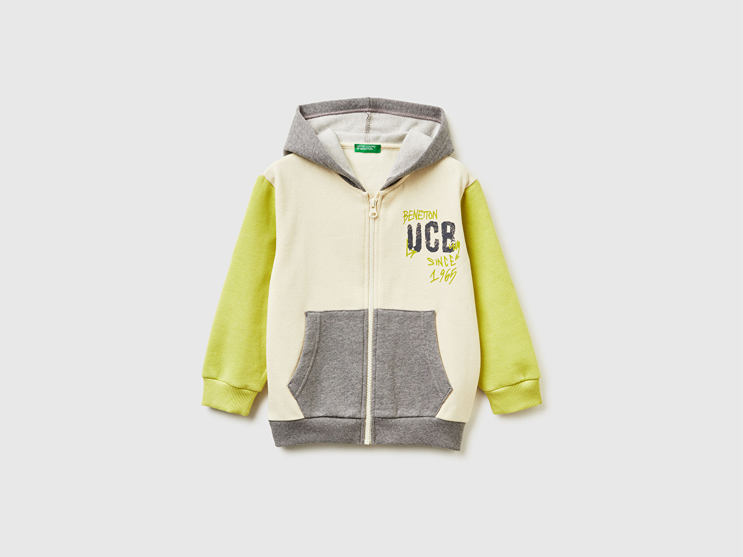 Benetton Erkek Bebek Hardal-Ekru Önü Logo Baskılı Fermuarlı Regular Fit Kapüşonlu Sweatshirt