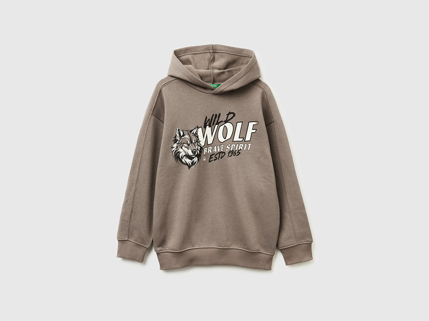 Benetton Erkek Çocuk Haki Kahve Önü Baskılı Düşük Omuzlu Kapüşonlu Sweatshirt